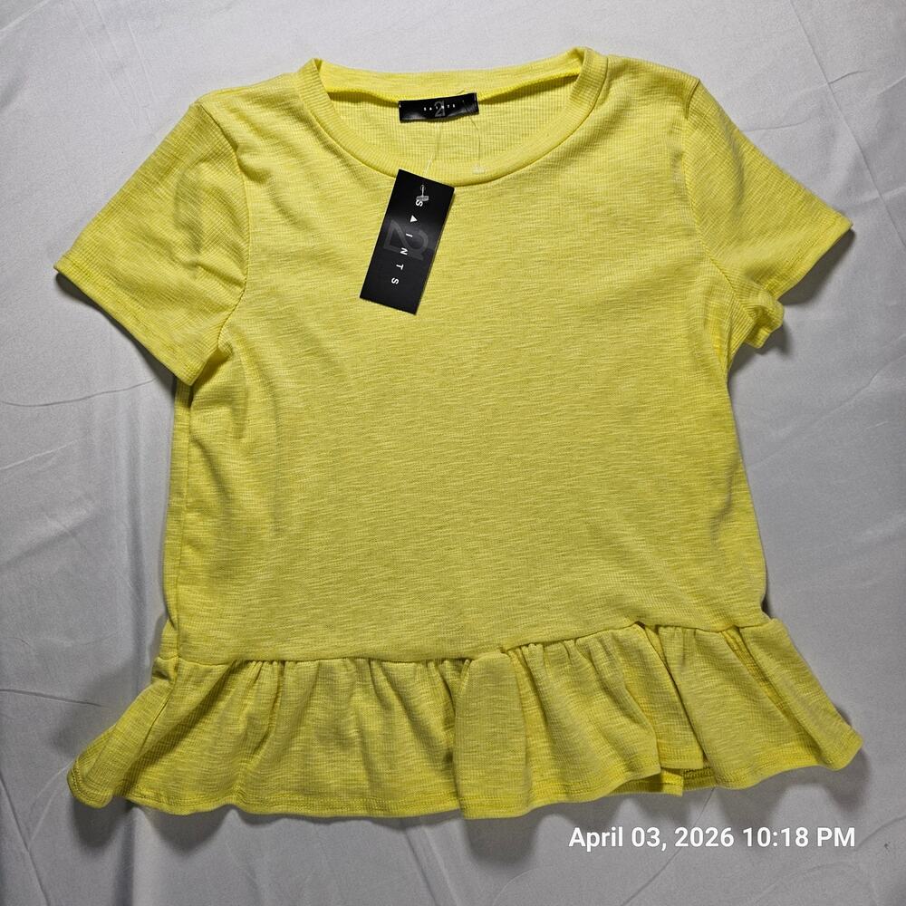 Saints Yellow Peplum Top Women’s Medium NWT Ruffle Hem Short‎ Sleeve Cute